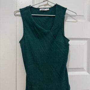Ribbed Sleeveless Top – Forest Green Asymmetrical Neck